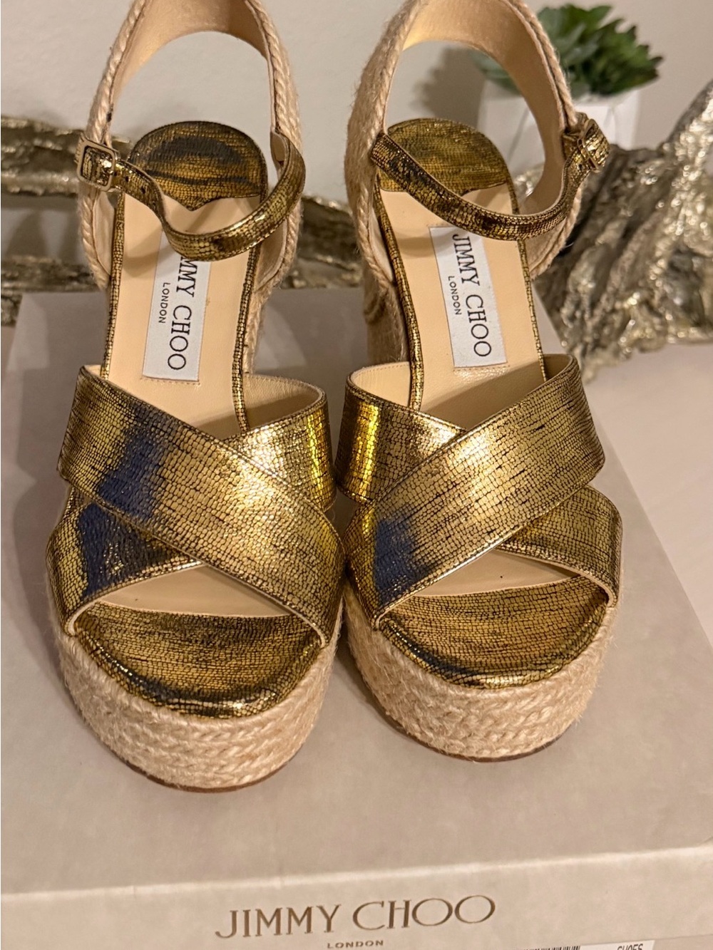 Jimmy Choo Gold Metallic Lizard Espadrille Wedges. Sz 6